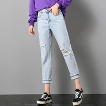 Женские рваные прямые джинсы длиной до щиколотки женские осенние большие размеры с завышенной талией вымытые Карманы Брюки женские корейские джинсовые брюки Causul