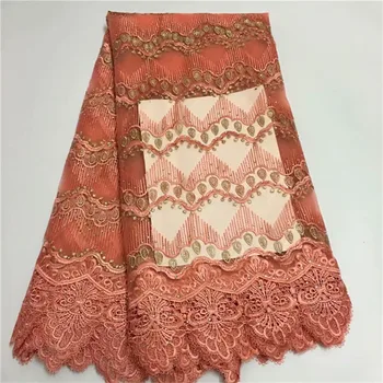

African Tulle Lace Fabric Nigerian Beaded Lace Fabric Water soluble stone French Net Lace 3D Fabric Flowers For Wedding Peach