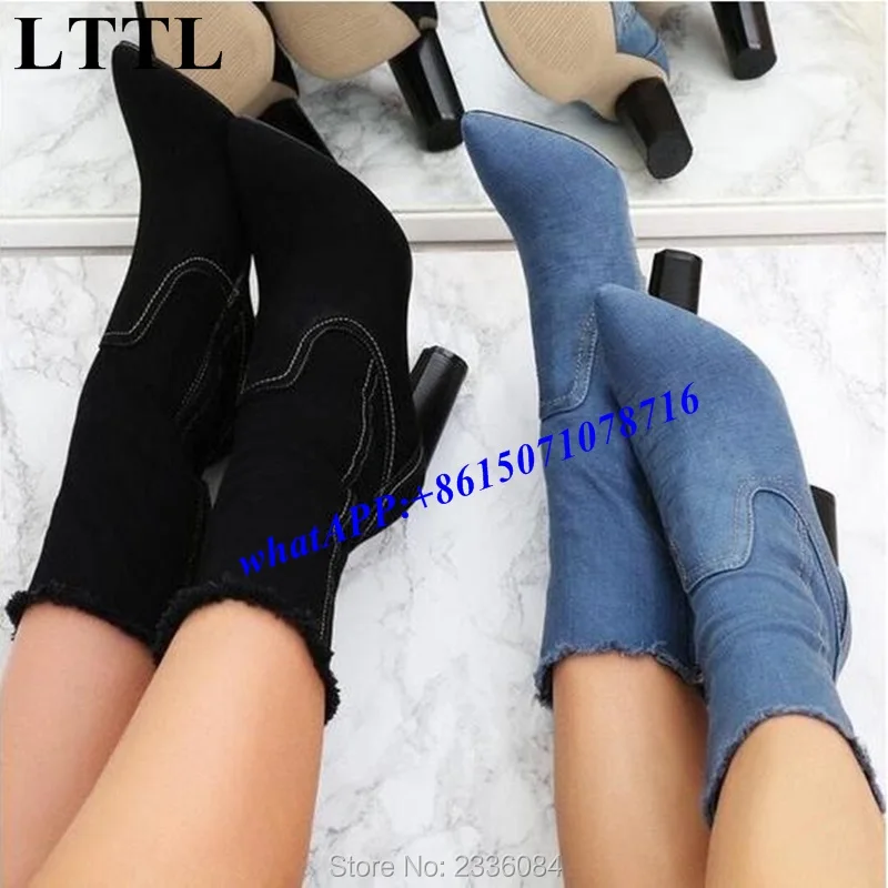 

Hot Sell 2018 New Woman Boots Black Blue Denim Boots Ankle Boots Strange Style Thick Chunky Heel High Heel Boots Ladies