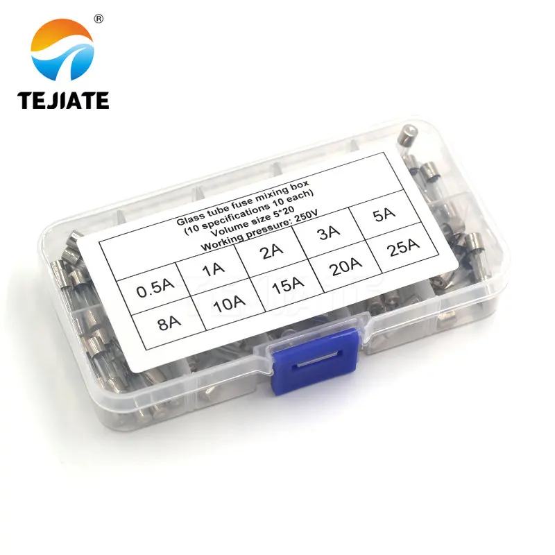 100 шт набор 5x20 мм быстро выдувные стеклянные трубки предохранители в ассортименте наборы, быстро выдувные Стеклянные Предохранители 0.5A, 1A, 2A, 3A, 5A, 8A, 10A, 15A, 20A, 30A