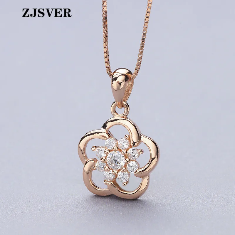 

ZJSVER Crystal Hollow Flower Shape Pendant Fashion Rose Golden 925 Sterling Silver Box Chain Women Necklace Fine Jewelry Gift