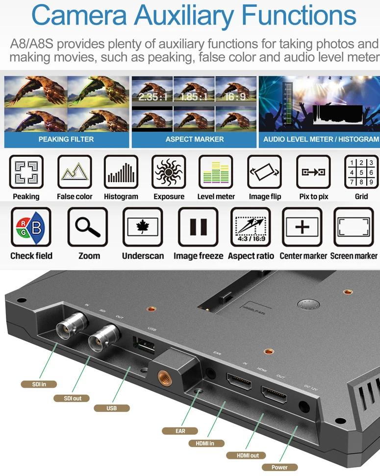 LILLIPUT A8S 8,9 дюймов 350nit 3G-SDI мини HDMI монитор 3D-LUT камера полевой монитор 4K HDMI 1920X1200 DSLR Camrea