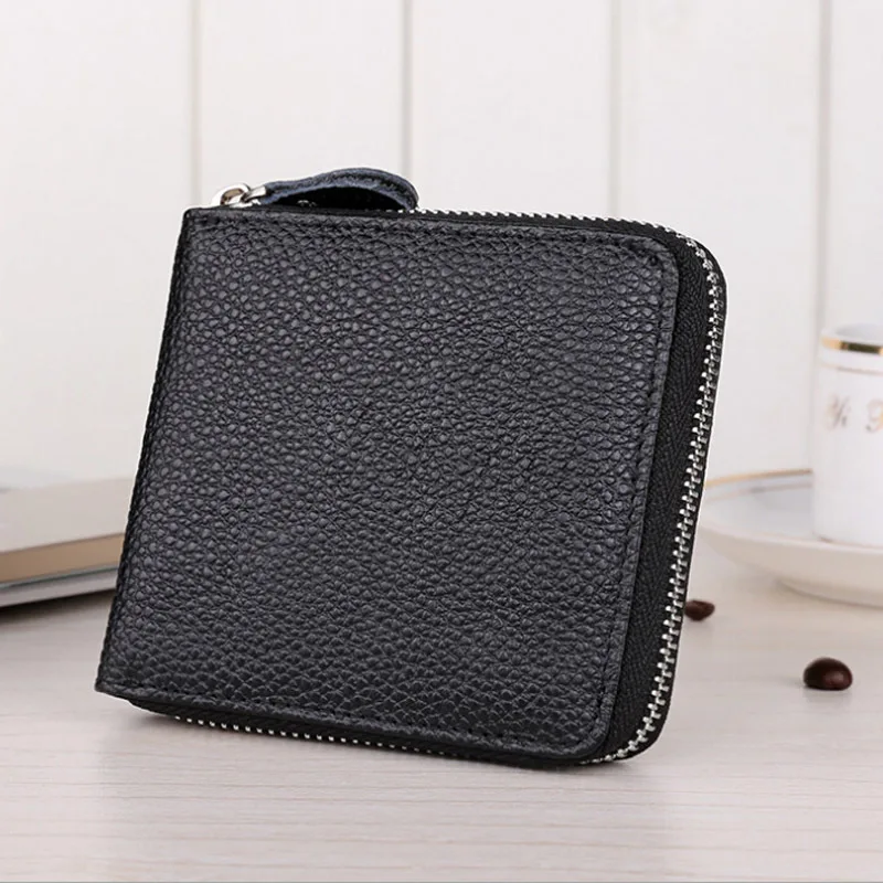

Business Genuine Leather Cowhide Lichee Pattern Zipper Short Cash Card Photo Coin Pocket Wallet Purse for Man 9039