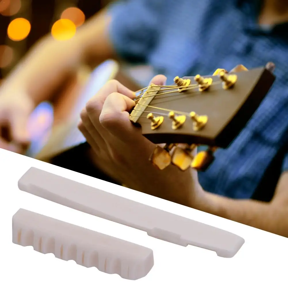 2 Pieces Set Folk Guitar Slotted Bone Nut Bridge Nut Saddle for Folk