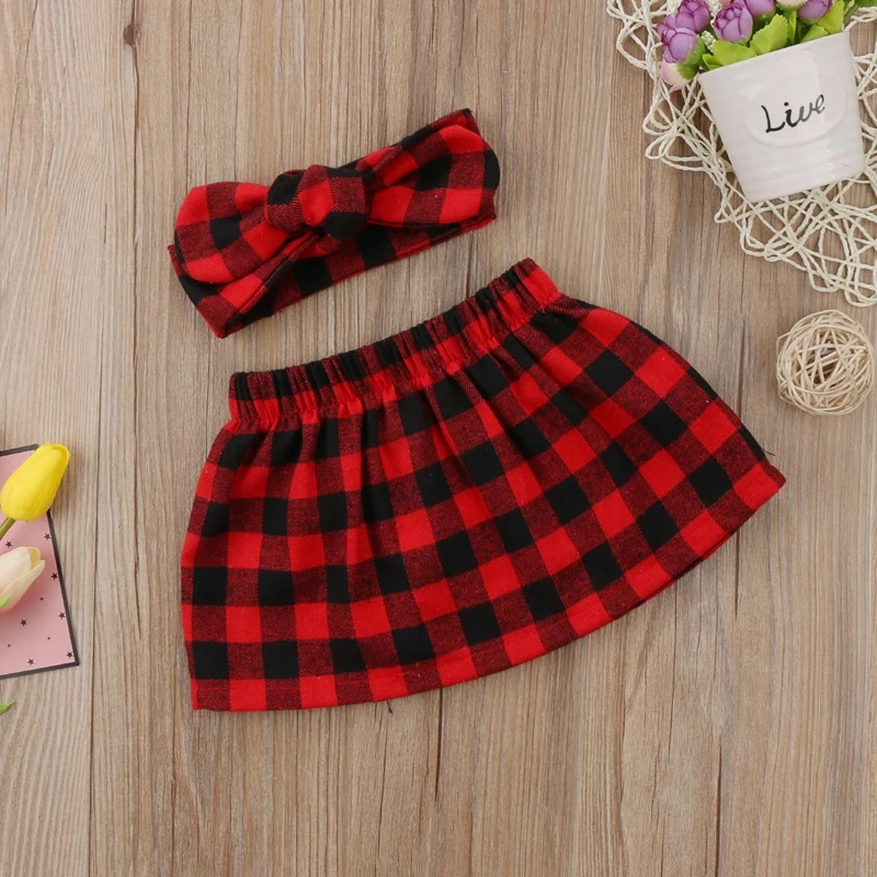 2 Pieces Christmas Newborn Baby Girls Xmas Plaid Skirts AND Headband Casual Outfits Clothes