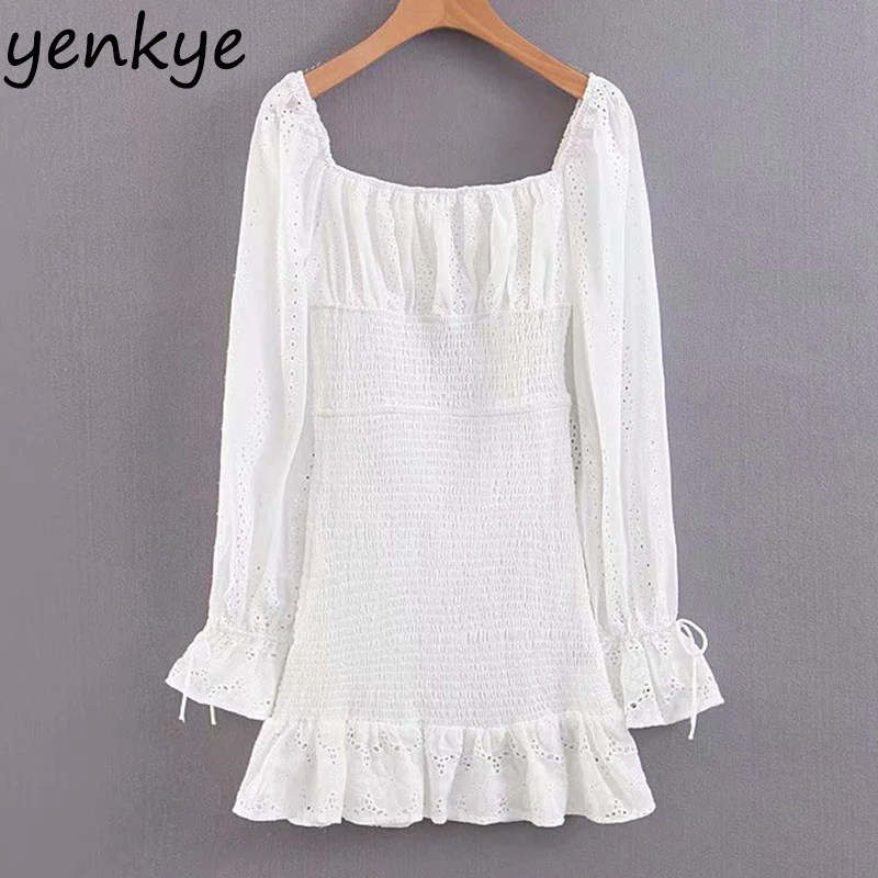 

Summer Women Chiffon Patchwork Embroidery Elastic Dress Romantic Lady Long Sleeve Square Neck Sexy Mini Bodycon Dress