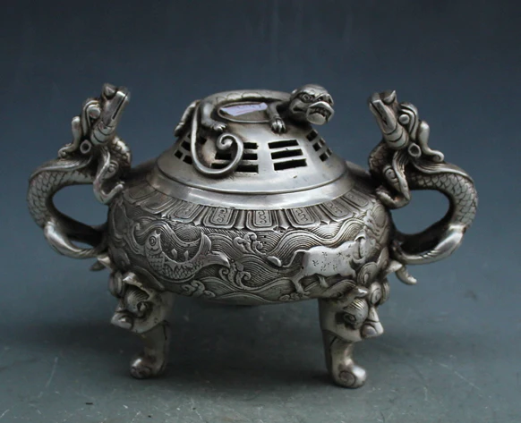 

Exquisite Beautiful China Classical White Copper Fengshui Auspicious Animals Censer