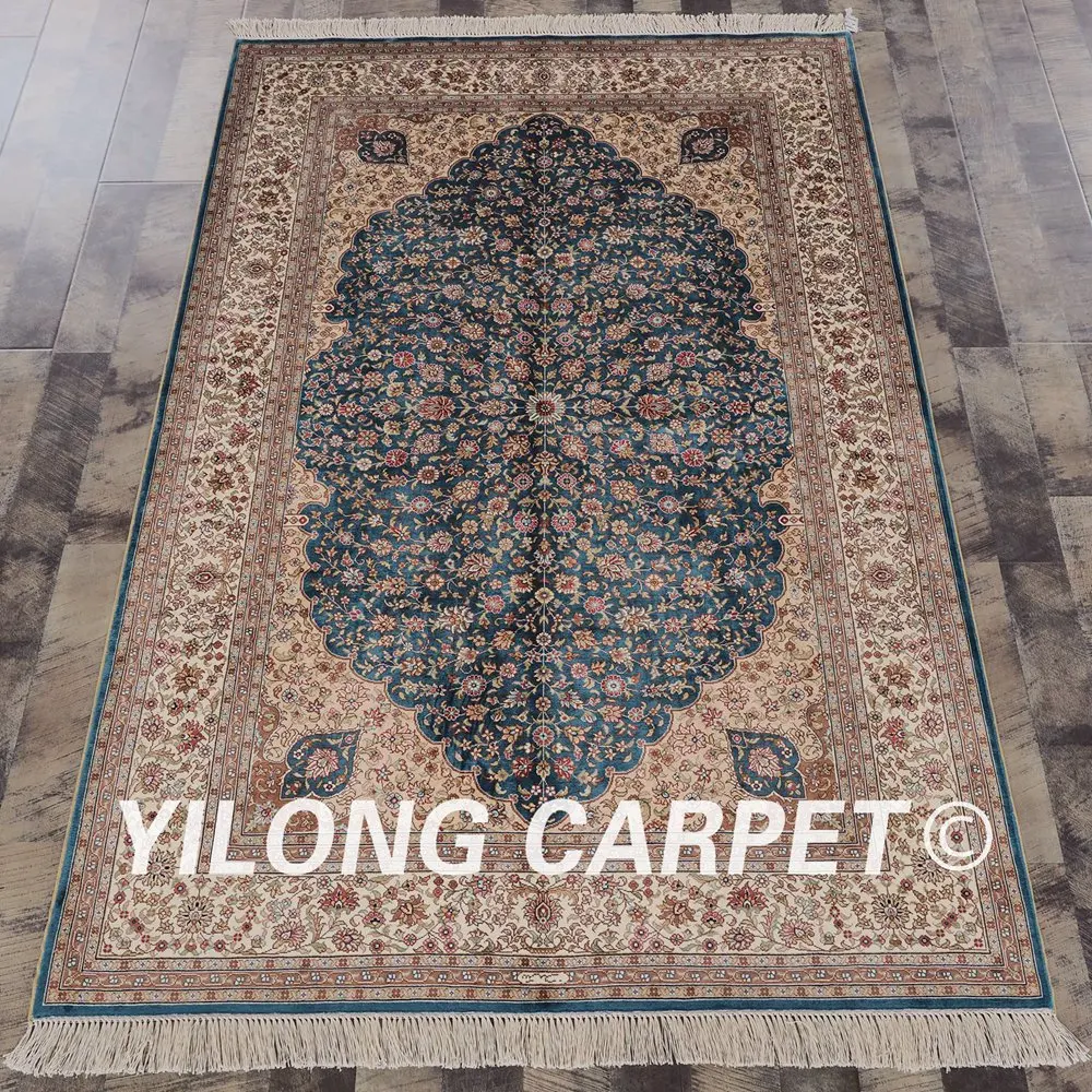 Yilong 4 'x 6' персидский шелковый ковер ручной работы медальон синий Восточный на