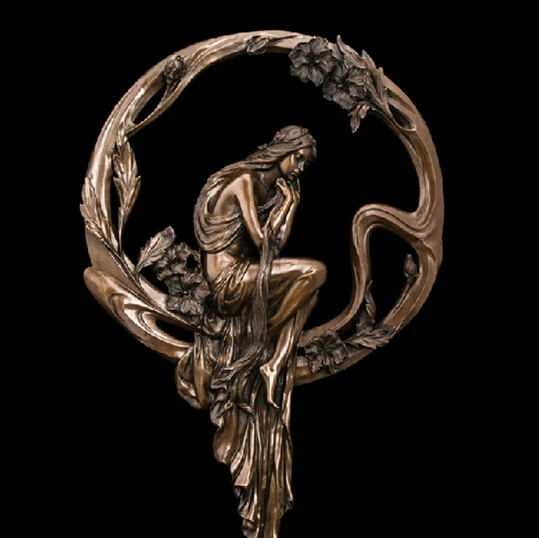 

007947 Art Deco Sculpture Wall Ornamentation Beauty Girl Sit Flower Loop Bronze Statue