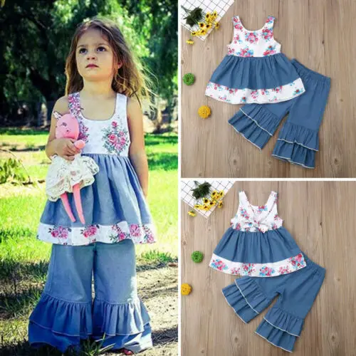 2Pcs Set Toddler Denim Clothes Baby Girl Floral Skirt Dress Flare Long