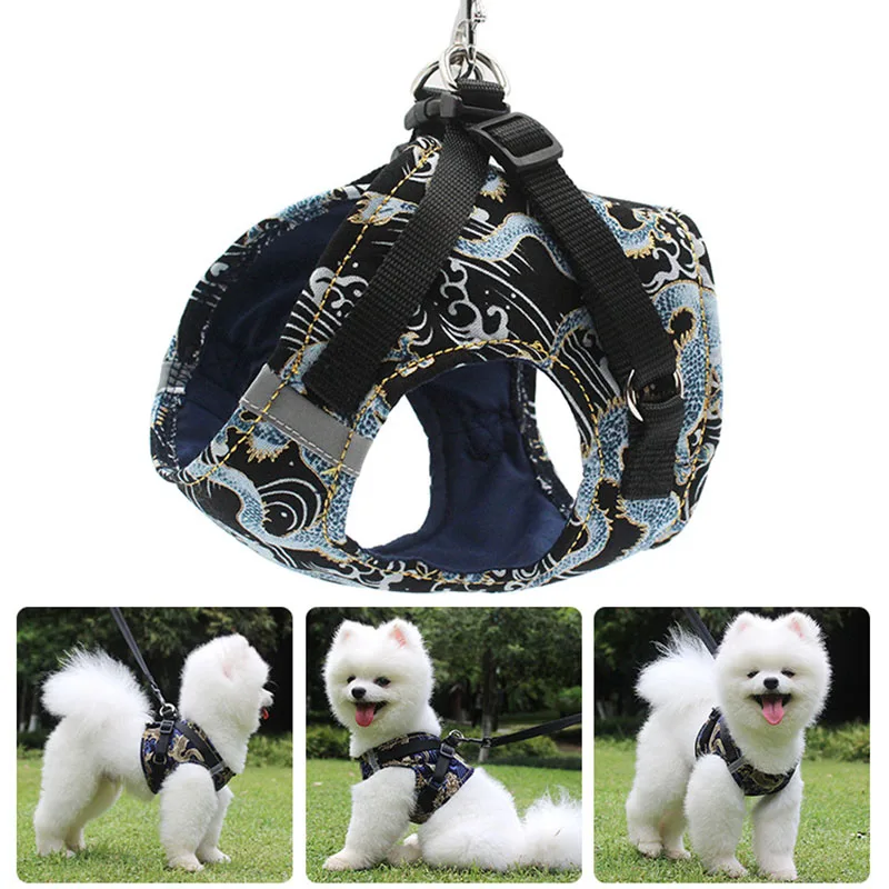 

No Pull Small Dog Harness and Leash Set Chinese Dragon Printed Pet Dog Cat Puppy Vest Padded Harness with Reflective Strap XS-XL