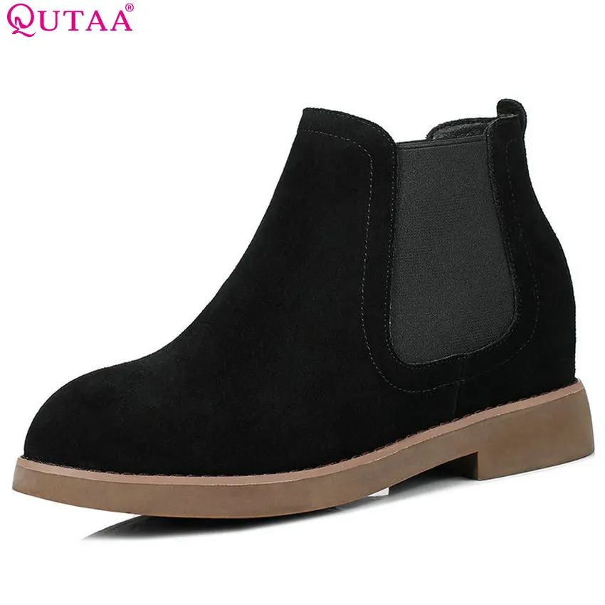 

QUTAA 2018 Women Ankle Boots Cow Suede Black Solid Spring and Autumn Elastic Band Square Heel Fashion Ladies Boots Size 34-40