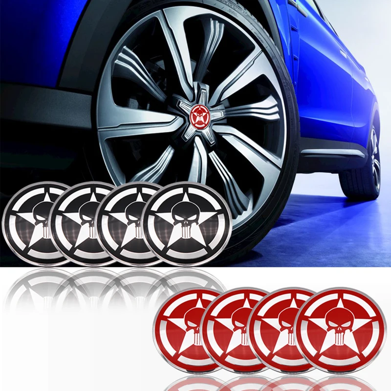

4pcs 56mm 3D THE Punisher Skull Pentagram Car Steering tire Wheel Center Badge sticker Hub Cap Emblem Decals Symbol Car styling