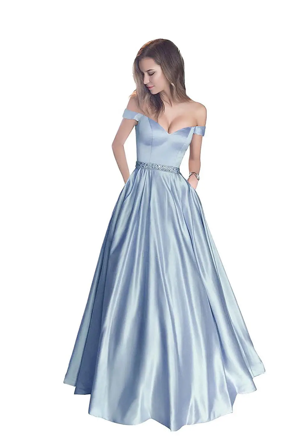 Длинное вечернее платье трапециевидной формы, винтажное платье с открытыми плечами, платье для выпускного вечера, пояс с кристаллами, платье с карманами, CG46 - Цвет: light blue