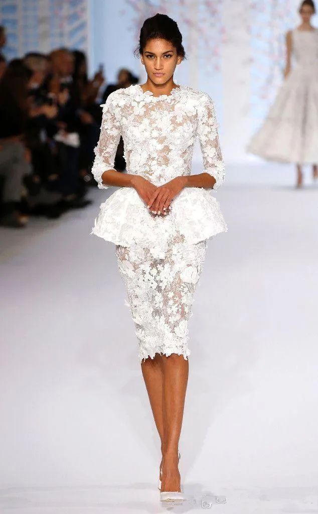 

White Muslim Evening Dresses 2019 Sheath Long Sleeves Lace Short Islamic Dubai Saudi Arabic Formal Evening Gown Prom