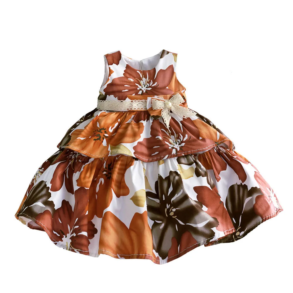 

Flower Girls Party Dress Kids Dresses for Girls Floral Print Layered Children Clothes Retro Lace Belt roupa menina Size 1-6T