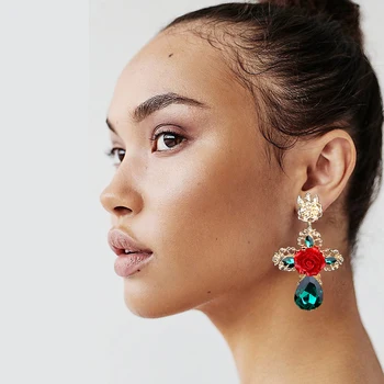 

GUVIVI Elegant Gothic Earrings Women's Red Green CZ Flower Big Statement Drop Earrings Ethnic Jewelry Gifts Dropshipping