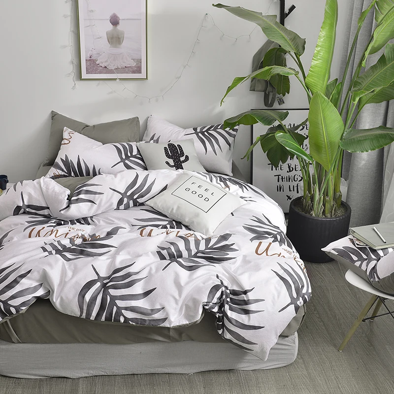 

Papa&Mima Cartoon style bedding set Black leaves print 100% Cotton Queen size duvet cover flat sheet pillowcases