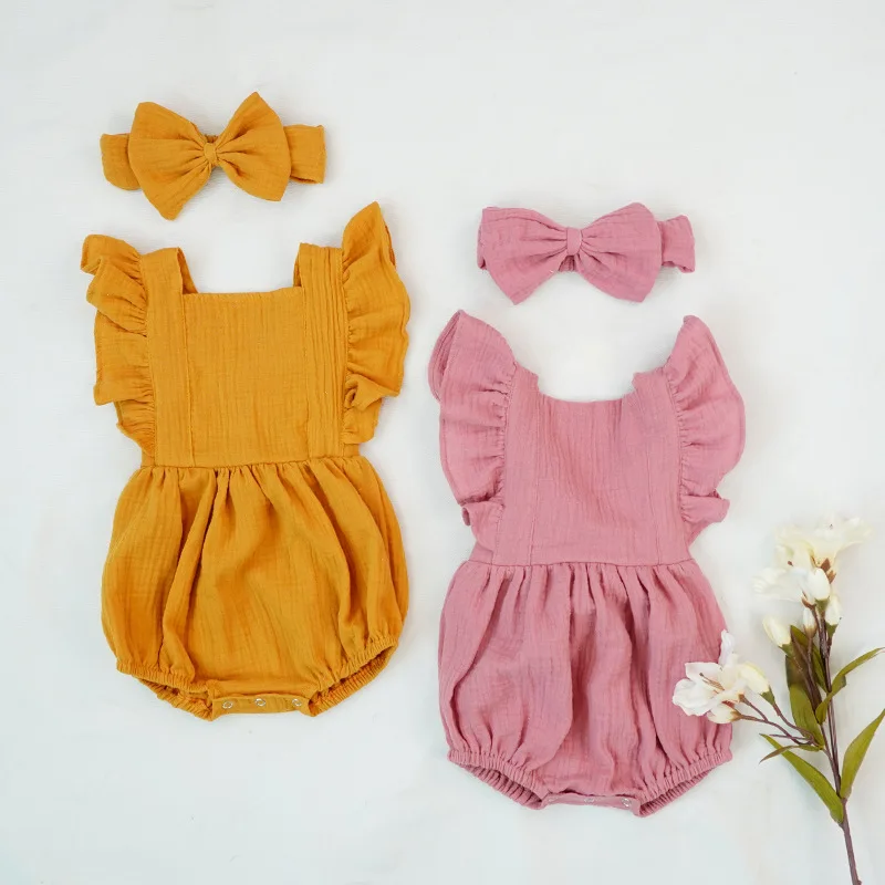

Retail Baby Girl Bodysuit 2019 Summer New First Birthday Cotton Solid Color Overall Jumpsuit Headband Baby Clothing E054