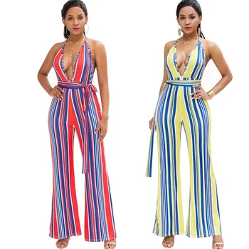

Summer New Bodycon Sexy Deep V-neck Strappy Sleeveless Halter Backless Stripe Jumpsuits Women Party Clubwear Wide Leg Overalls