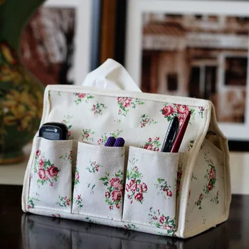 

Flowers Pattern Tissue Box 6 Pocket Linen Fabric Home Car Tissue Case Napkin Paper organizer Table Decoration Accessories 1pcs