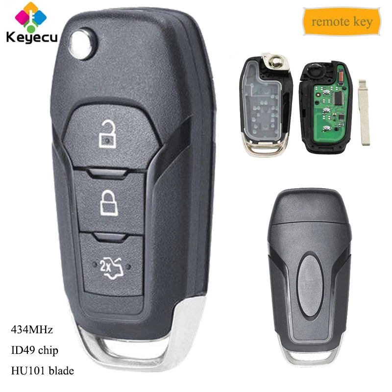 KEYECU Замена складной дистанционный ключ-3 кнопки 434 МГц ID49 чип HU101 Uncut Blade-FOB для Ford Escort Mondeo