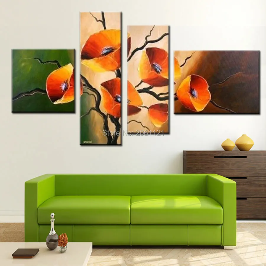 

Hand painted 4 Piece Sets Modern Abstract green yellow orange Life Of Flower Oil Painting Canvas Art Wall Decor For Sale