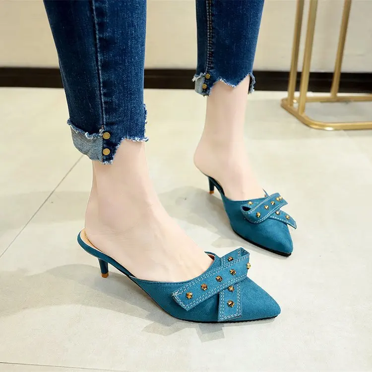 

Summer Fashion Women Pointed Toe Slipper Nude White Square Low Heels Outsides Ladies Slides Luxury Brand Beach Mules Shoes 988