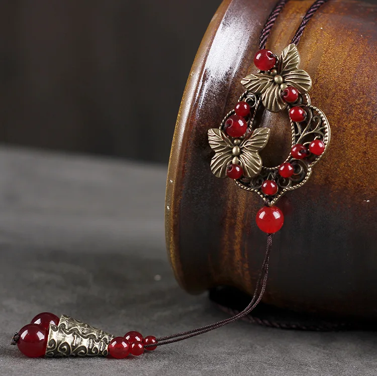 Новое бронзовое этническое ожерелье, модное ювелирное женское винтажное ожерелье с бабочкой, натуральный халцедон камни ожерелье подвески
