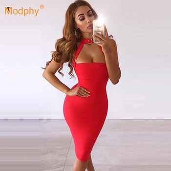 

2019 female spaghetti hanging neck bandage dress spring black red sexy halter dress club costume party Bodycon Vestidos