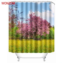 WONZOM Flower Field Shower Curtain Fabric Bathroom Decor Decoration Cortina De Bano Polyester Cloud Tree Bath Curtain With Hooks