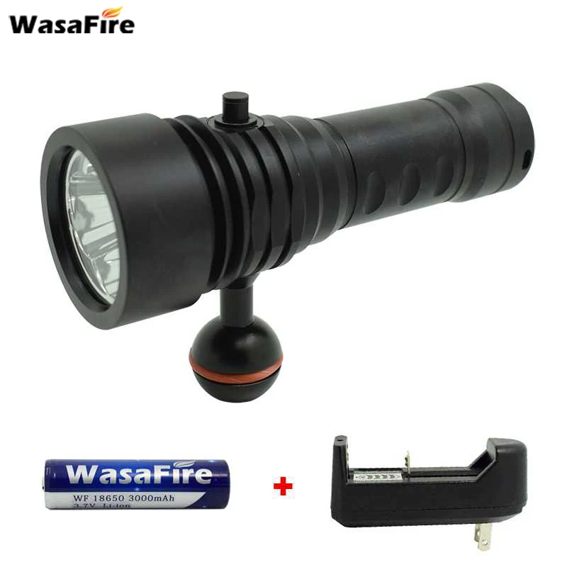 

Professional Diving Torch Waterproof XM-L2 LED Dive Flashlight Underwater Photography Fill Light Lantern 18650 Battery + Charger