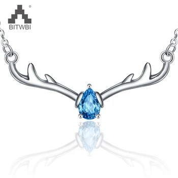 

100% 925 Sterling Silver Deer Antler Pendant Necklace Natural Topaz Collarbone Chain Jewelry Beautiful Christmas Gift