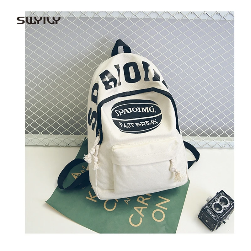 

SWYIVY Student Canvas Backbag 2018 Spring Summer New Woman Travel Backpack Letter Print Female Student School Bag White