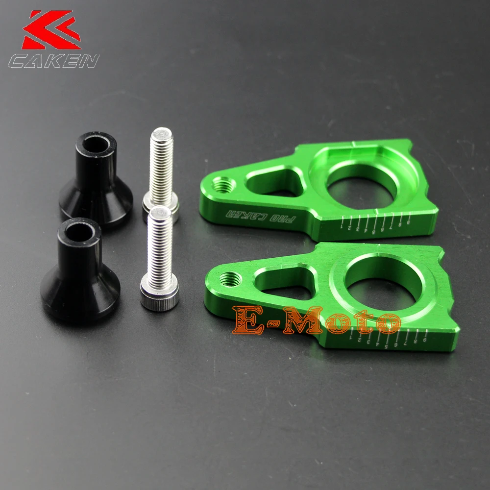 Green CNC Rear Chain Adjuster Axle Blocks With Spool Slider For KX125 KX250 KX250F KX450F KLX450R Enduro E-Moto