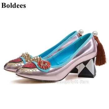 

Retro Designer Block Heeled Red Heart Toe High Heel Shoes Woman Patent Mirror Leather Rhinestone Pearls Tassel Party Dress Shoes