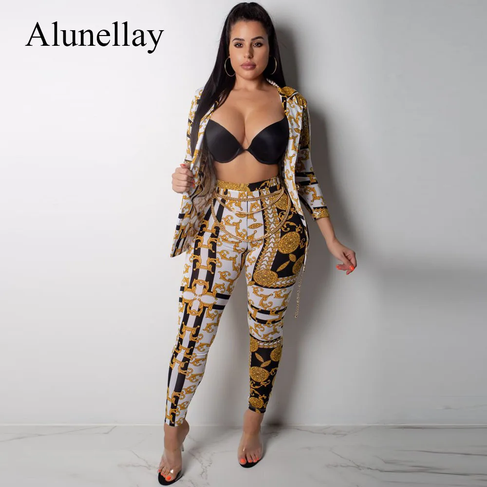 Alunellay Women 2 Piece Sets Printed Jumpsuit Wrist Sleeve Button Notched Collar Slim Bodycon Jumpsuit Women Sexy Club Playsuit