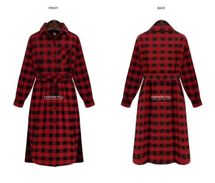 Autumn Plaid Dress Fashion Brand New Ladies Long Sleeve Lapel T Shirt Dress Women Casual Dress Vestidos 607-8797 (2)
