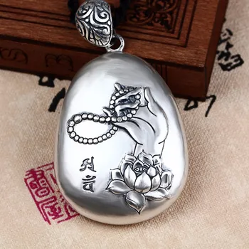 

New Pure 925 Sterling Silver Carved Lotus Buddha Hand Scripture Pendant
