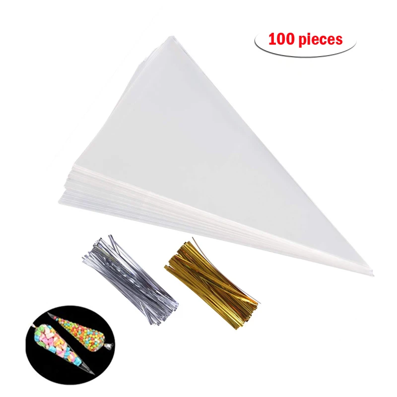 

100Pcs Plastic Gift Bag Transparent Cookies Candy Packing Bag Halloween Birthday Party Storage Wedding Cone Cellophane Pouches