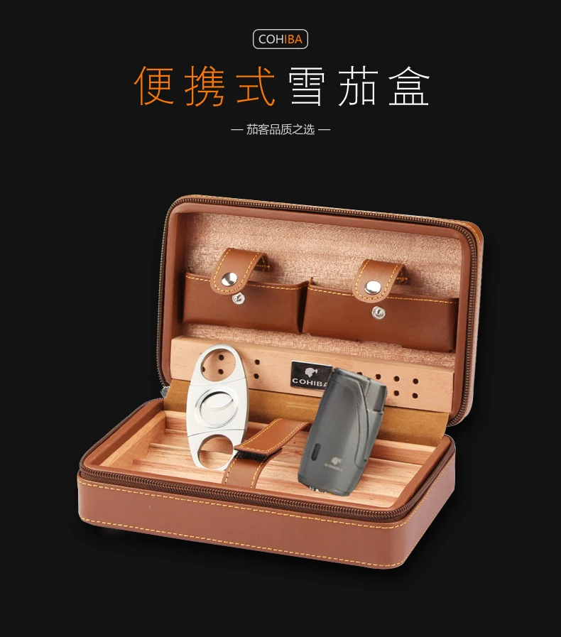 Cohiba кедровое дерево портативная коробка для сигар путешествия кожаный портсигар 4 сигарные наборы с реактивная Зажигалка металлический резак
