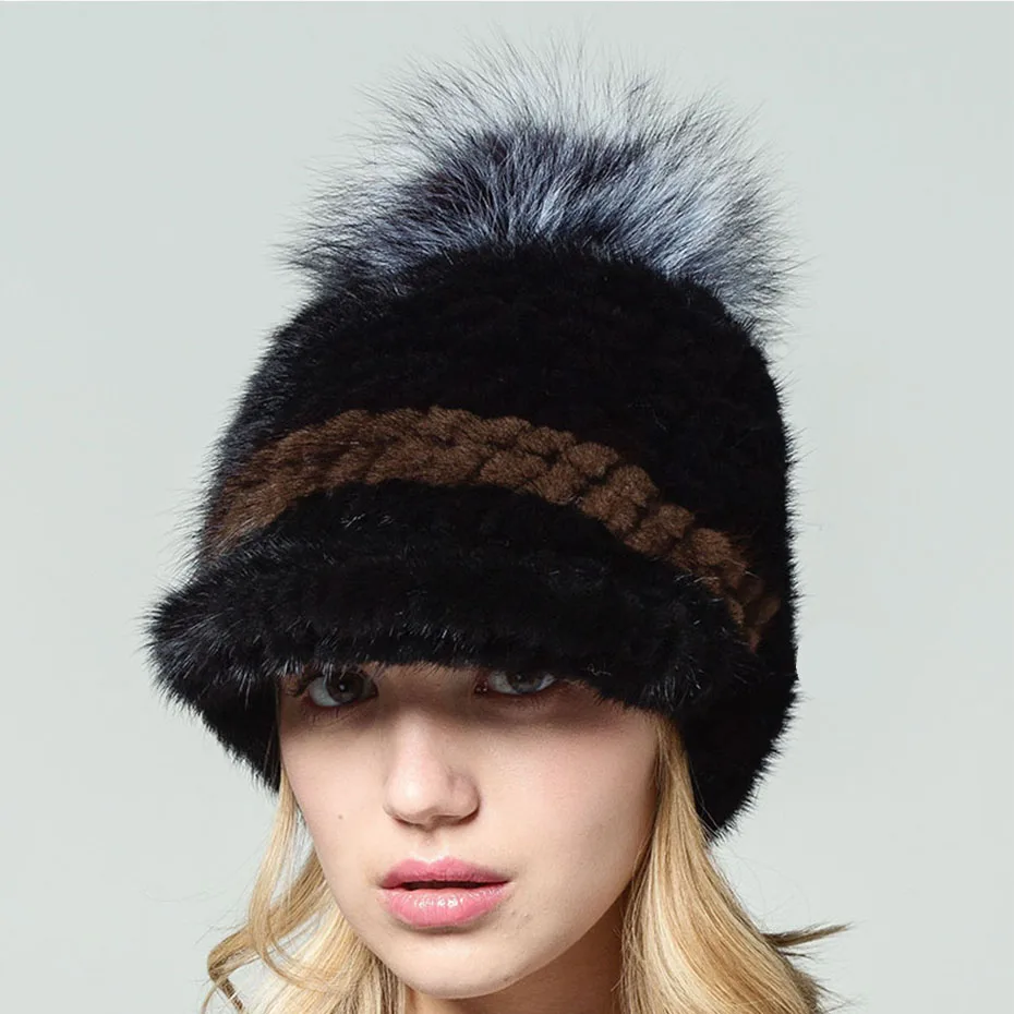 

2017 mink wool knitted hat fashion raccoon fur ball decorative women Real fur Autumn and winter Keep warm Black duck tongue hat