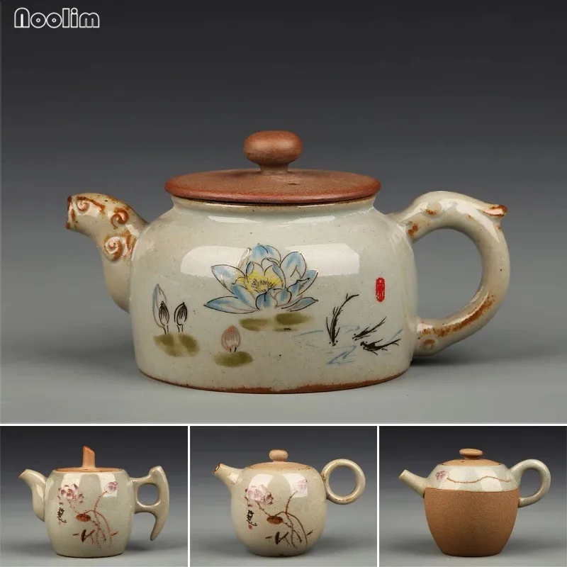 

NOOLIM Chinese Coarse Pottery Teapot Ceramic Tea Set Hand Painted Lotus Kung Fu Pottery Kettle Drinkware