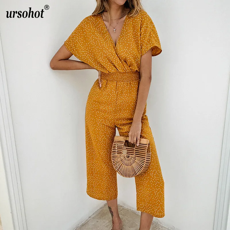 

Ursohot Summer Polka Dot Print Jumpsuit Women 2019 Elegant V Neck Short Sleeve Slim Waist Rompers Beach Party Yellow Overalls