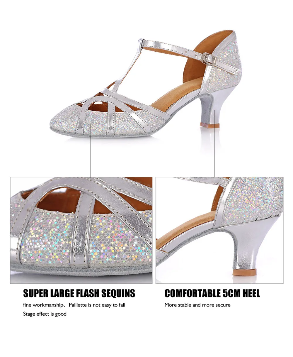 Популярная женская танцевальная обувь для латинских бальных танцев, танго, сальсы, высокий каблук 5 см,, танцевальная обувь для девочек, золотые танцевальные сандалии для бальных танцев