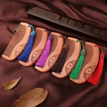 

1Pcs Vintage Sandalwood Anti-static Carved Comb Natural Double Wide Massage Hair Comb with Tassel Fine Peach Wood Comb
