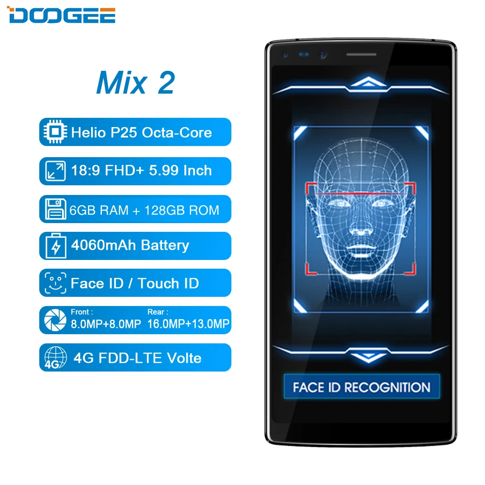 Doogee Mix 2 5 99 &quotFHD + 18:9 Дисплей мобильный телефон Andorid 7 1 6 ГБ 128 GB P25 Восьмиядерный 16MP 13MP