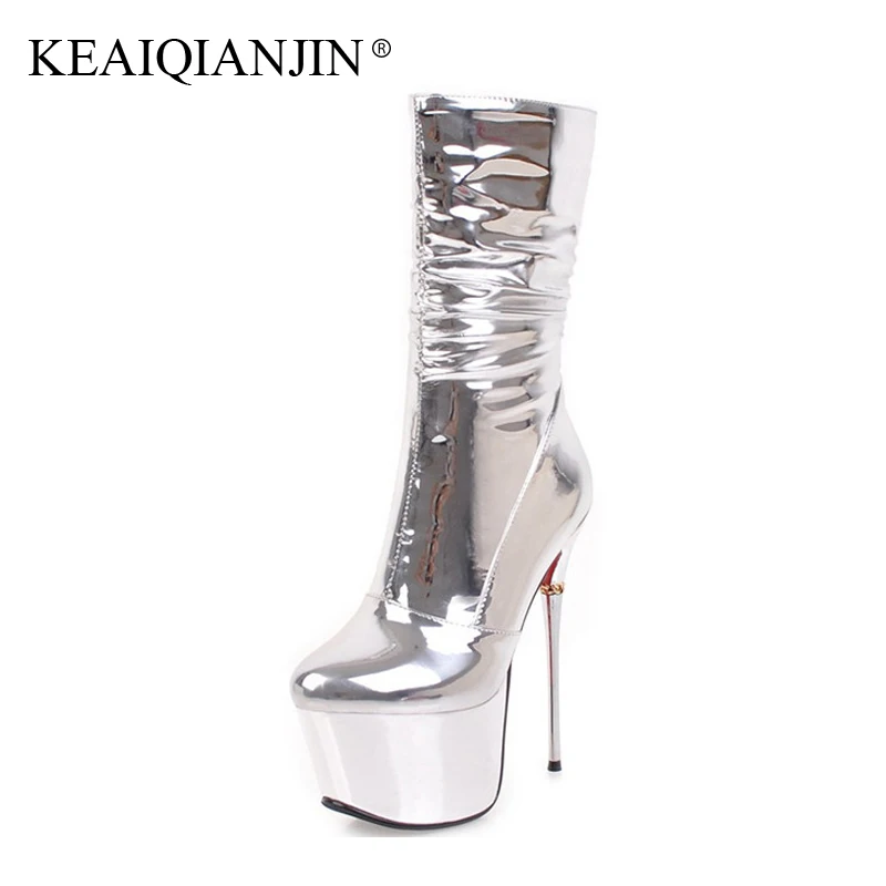 

KEAIQIANJIN Woman Sexy16 CM High Heeled Boots Plus Size 32 - 43 Silver Chelsea Boots Fashion Plus Size 32 - 43 Winter Ankle Boot