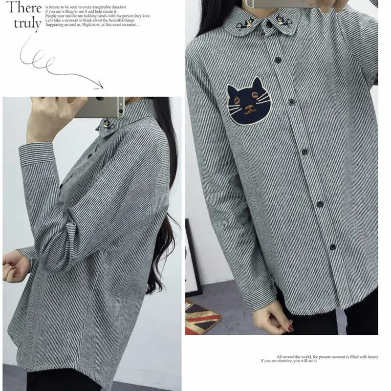 2016 New Spring and Autumn Womens Shirt Blouse Cat Embroidery Long Sleeve Women Shirts Casual Tops Size M-XL05