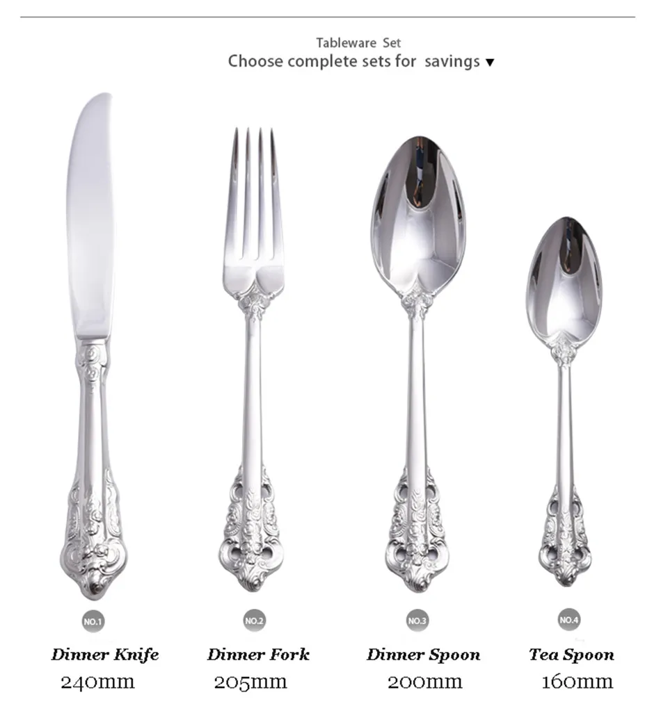 Dinnerware Set Stainless Steel Cutlery Set Silver Embossed Hollow Knife Fork Tableware Cutleries European Western Food Set 4 Pcs (7)